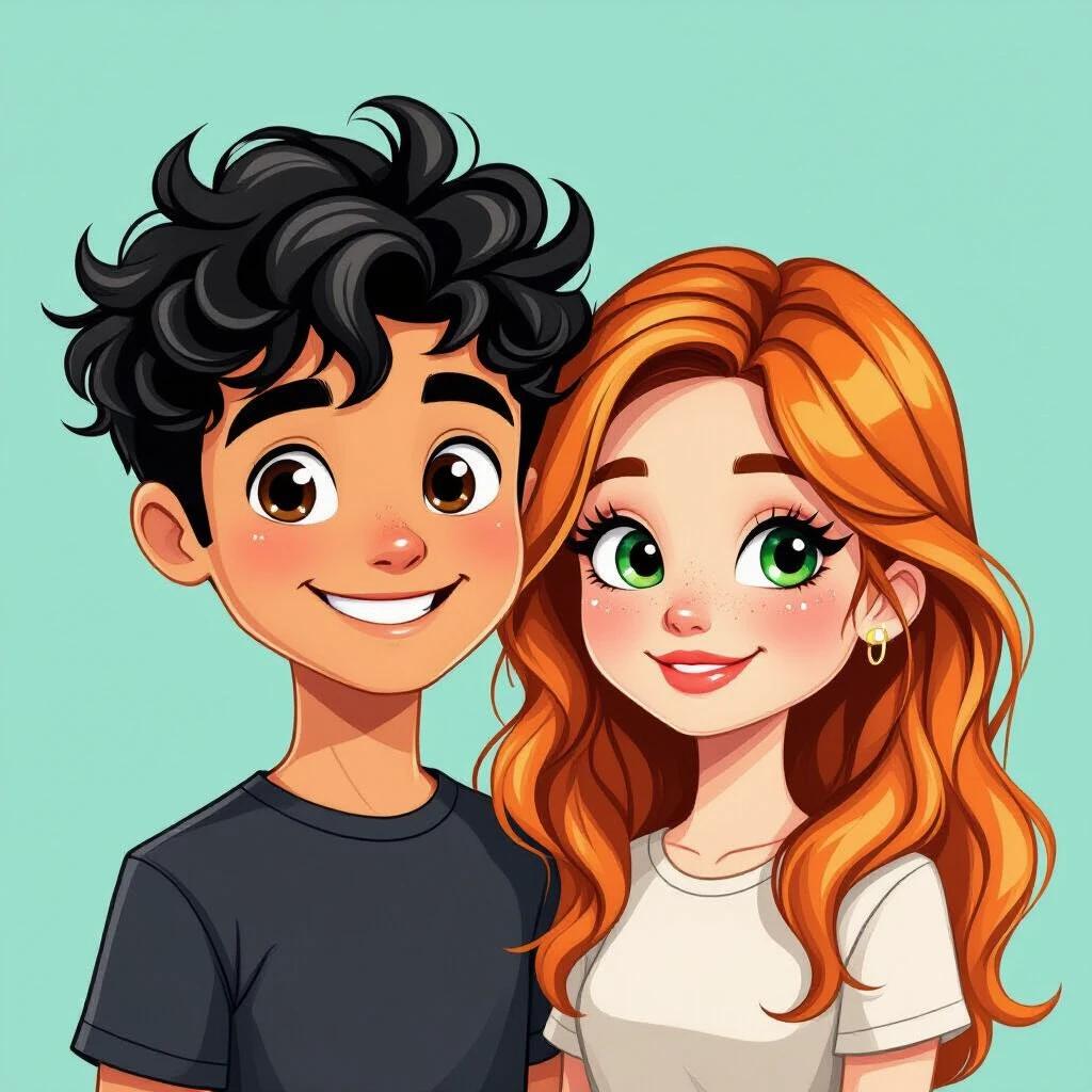 Cartoon characters. A boy with black curly hair and brown eyes with a beauty mark under one eye. He has a light skin tone and full lips. Next to him is a girl with long orange hair and green eyes with freckles. She has a playful expression. Both characters are close together, creating a friendly vibe.
