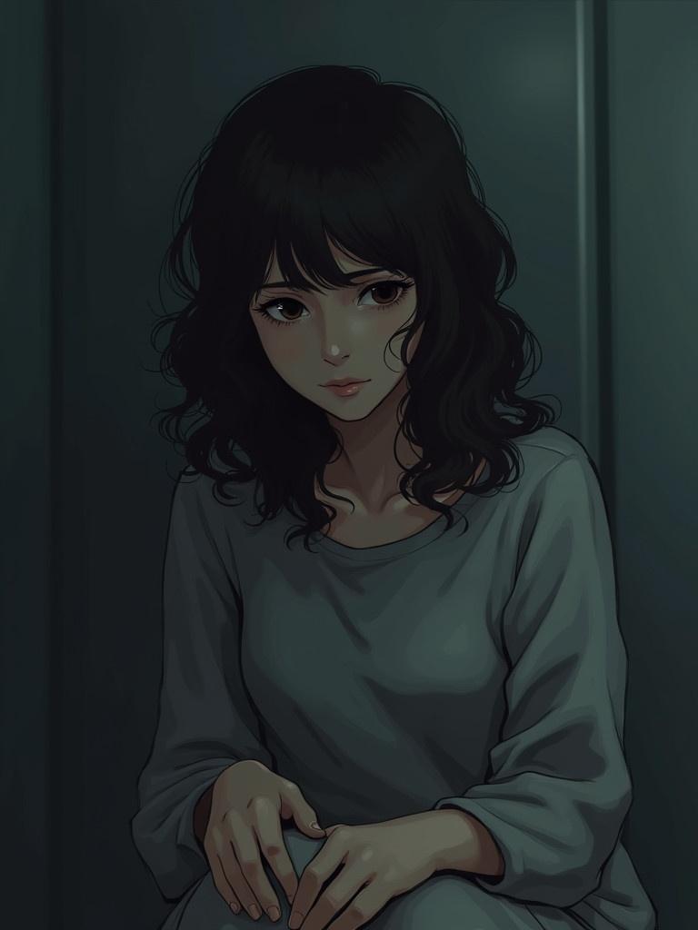 Digital illustration of a sorrowful woman sitting alone. Looking down with a distant expression. Medium-length wavy hair. Simple outfit in muted tones. Tears welling in her eyes. Blurred and dark background. Emotionally conveying pain and isolation. Vulnerable posture with hands on lap. Dramatic and poignant mood capturing betrayal and reflection.