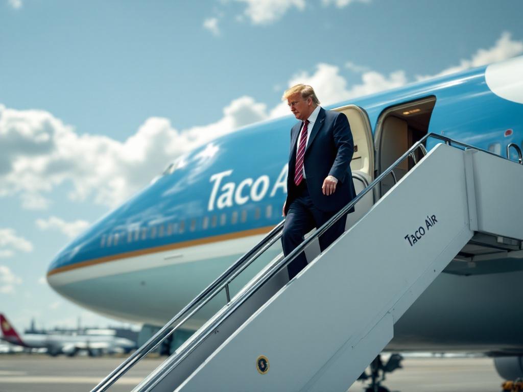 Photographic image shows a man in a suit walking up the stairs of a large airplane with 'Taco Air' written on it. The scene is set at Schiphol Airport with a clear sky and distant planes. Emphasis on the airplane's details and the airport atmosphere.