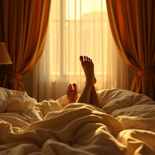 Golden light filters through silk curtains. Soft bed shows luxurious embroidery. Bare feet glint with gold jewelry. A sense of importance fills the scene. Silence surrounds the space.