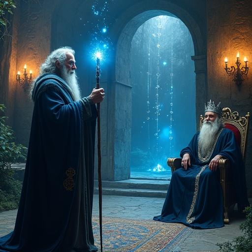 A magical scene in a dark throne room featuring Merlin and King Ardan. Merlin has long white hair and a blue robe with astrological symbols. He holds a glowing staff and an ancient scroll. King Ardan wears black robes with silver and a crown. In the center, a vision of the Key of Time appears, surrounded by a dark forest and an ancient temple. The atmosphere is filled with mystery and power with subtle lighting effects and magic sparks.