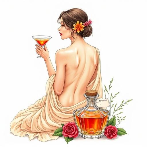 Highly detailed ink and watercolor art of a friendly venus goddess in her mid-thirties from above. She looks straight down while offering a toast with a cocktail glass. Wearing a lush, translucent silk wrap that accentuates curves. Flower behind her ear. Golden-reddish lips. Minimalistic style on a white background. Next to her is an apothecary bottle that radiates a golden-reddish glow, with a cork lid and an elegant hang tag reading 'ALFRUNO'. Surrounded by roses and green herbs.