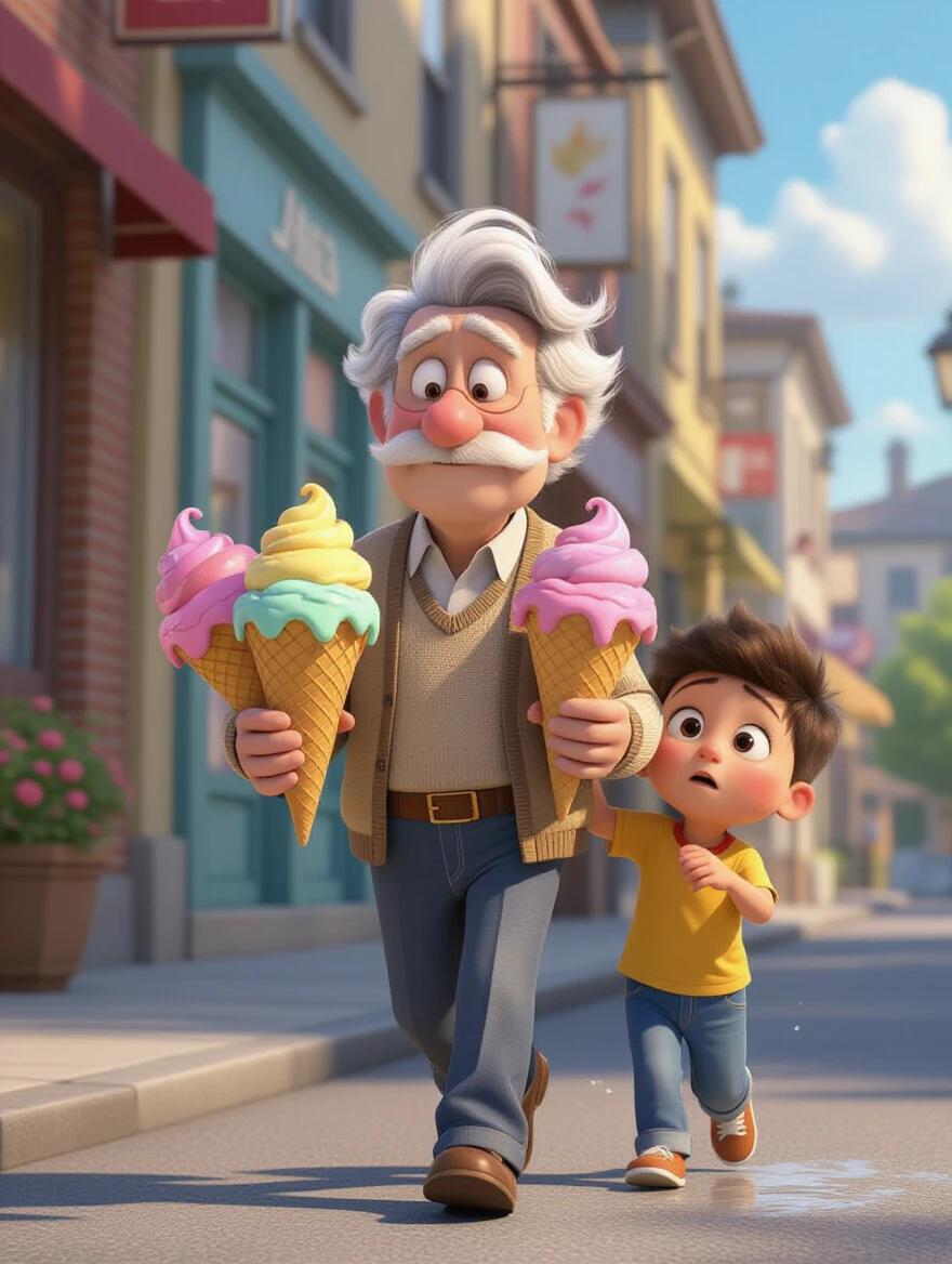 An elderly man is walking while carrying two ice cream cones. A child is running beside him. The child appears to be a bit sweaty and focused. The ice cream is dripping from the cones. The style is reminiscent of Pixar animations.