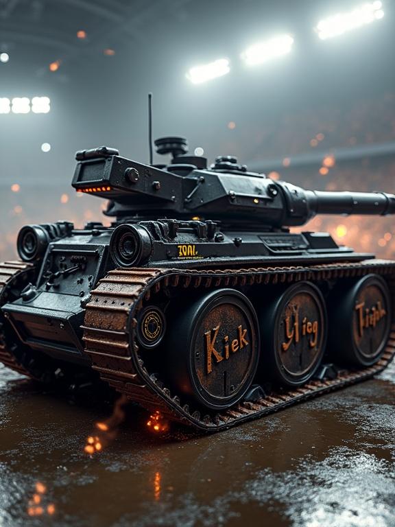Futuristic modern tank design with mechanical details. Tank tread from leather automotive timing belt. Word Kiek engraved on wheels in yellow font. Tank has angled armor, LED lights, matte black finish with chrome highlights. Located in sports arena with smoke and sparks.