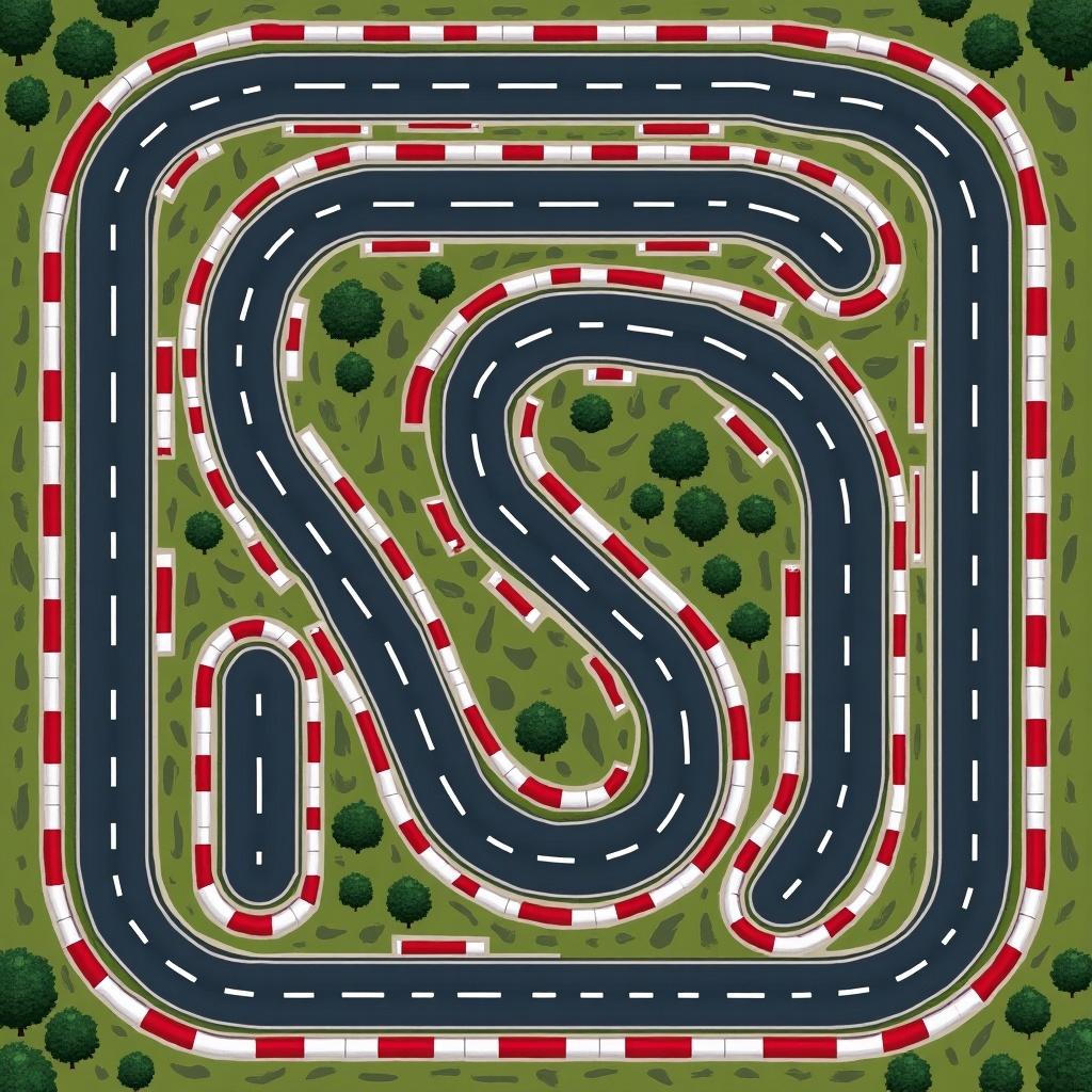 Layout of a race track. Features three main straights and 23 corners. Two hairpins for anti-clockwise racing. In pixel art style.