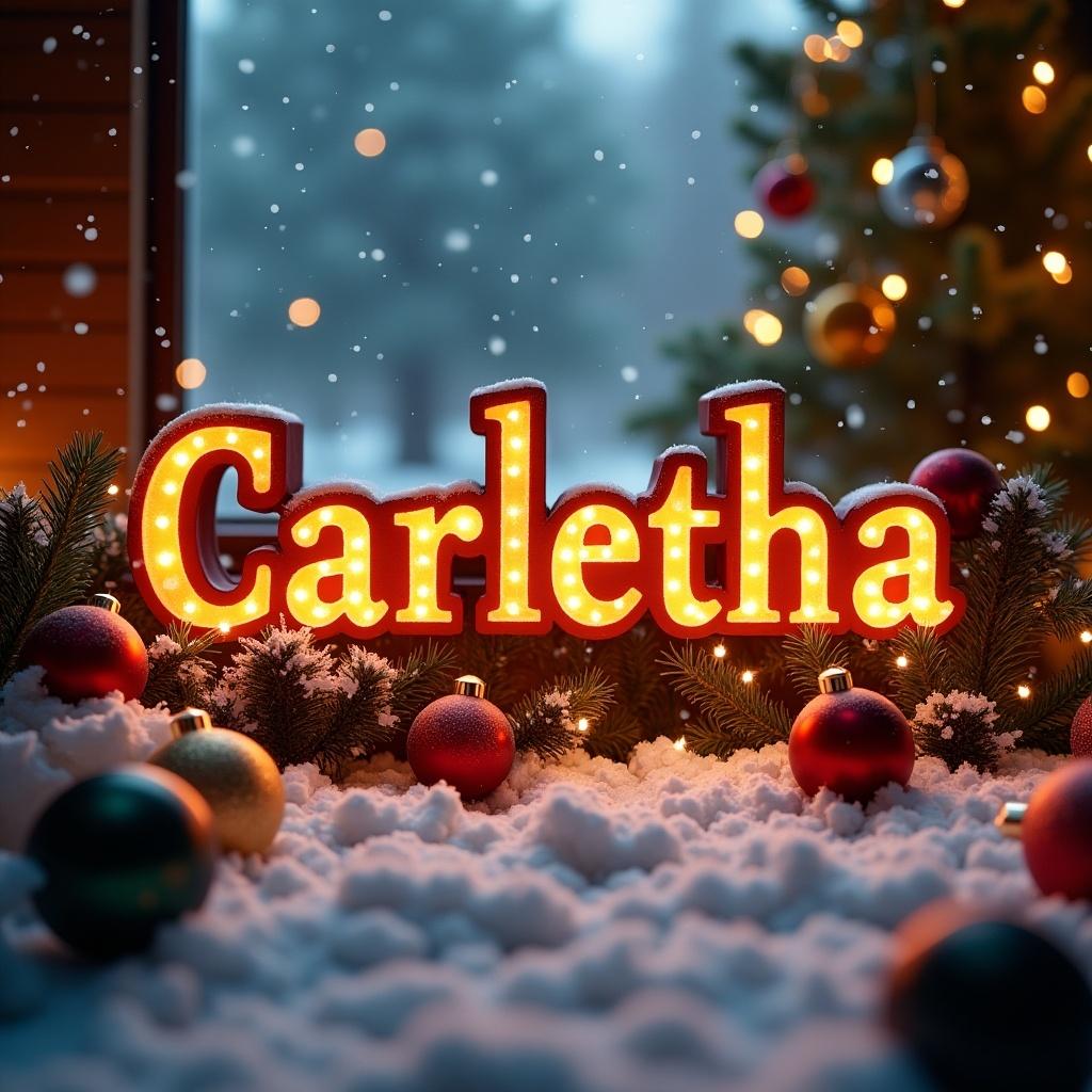 Name Carletha in a Christmas theme. Illuminated letters surrounded by festive decorations.