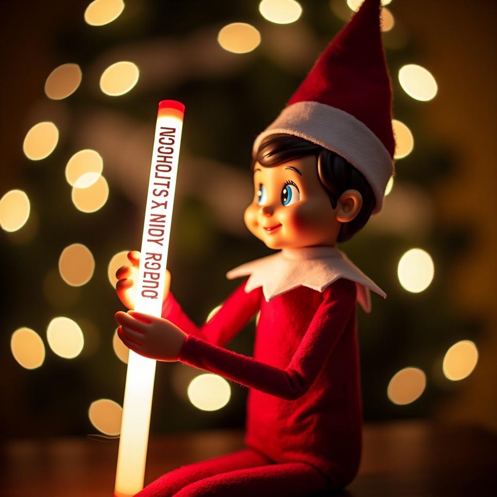 Elf on the shelf character dressed in red and white. Holding a glowing stick displaying 'Happy Saturday RoundPointers'. Background shows an Elf Call center with enchanting northern lights.