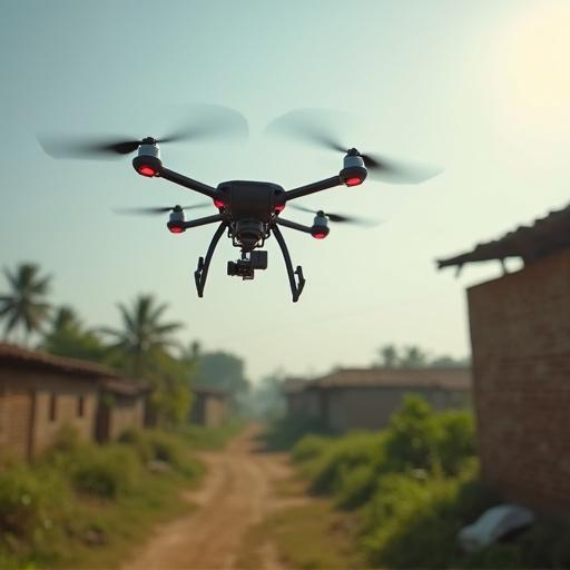 Drone flying over a small village in India. Clear blue sky, dirt path leading through the village. Green trees and brown mud houses in the background. Drone features red lights on arms. Capturing the essence of rural life from the air.