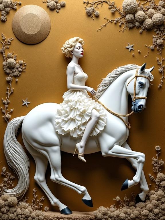 3D mixed media artwork featuring a woman in a white gown riding a white horse. The horse is in motion against a textured background of gold and floral elements. The style is reminiscent of Klimt, with intricate details and a whimsical feel.
