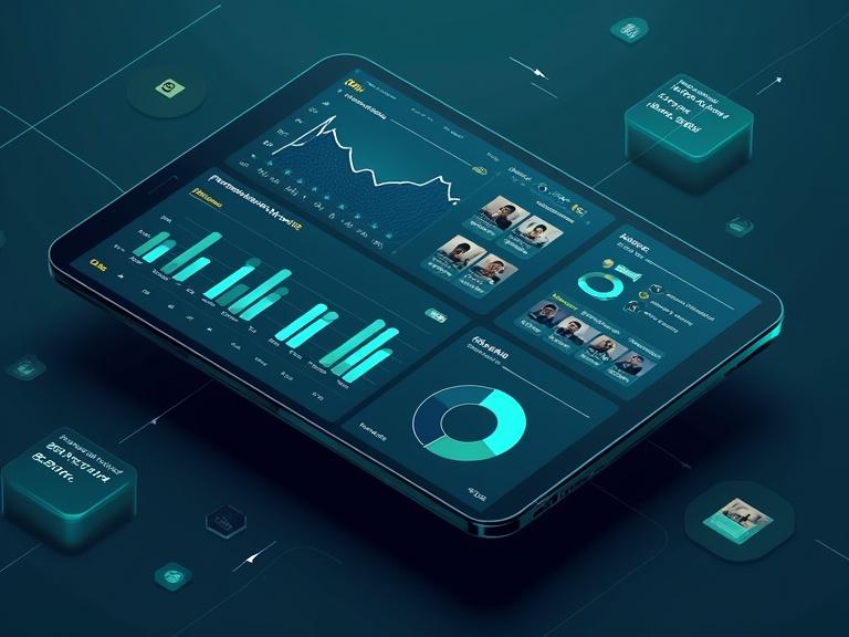Isometric UI dashboard design in dark mode with analytics. Display of graphs and candidate cards. Features match percentage badges. Modern neumorphic shadows. Teal accents create a sleek modern appearance. High clarity and engaging layout.