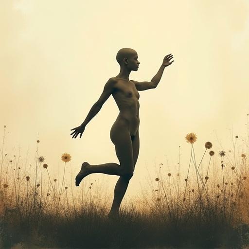 A dancing silhouette in a garden creates a dreamlike atmosphere. The figure is perfectly balanced and naked, highlighted against a soft background of flowers. A minimalist and surreal composition showcases contemporary digital painting with abstract forms and textured brushwork.