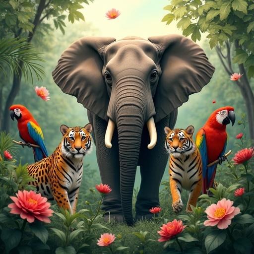 Create a hyperrealistic image of elephants, tigers, leopards, and parrots in a colorful forest. All animals appear happy surrounded by lush green leaves and bright flowers. The style reflects detailed and colorful artistic influences.