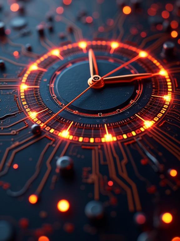 Futuristic design with close-up view of a glowing circuit board resembling a clock face
