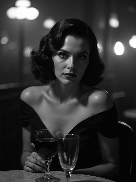 Brunette woman in 1940s style wearing black dress. She sits at a table in cabaret. Dim lighting enhances her look. Glass of wine is in her hand. Atmosphere combines mystery and elegance. Photographed in analog monochrome style giving vintage feel. Composition captures beauty and allure.
