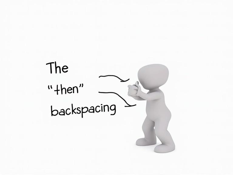 Stick figure demonstrating frustration with typing and deleting text. Interacts with the words "The" and "backspacing." Displays emotions of annoyance.