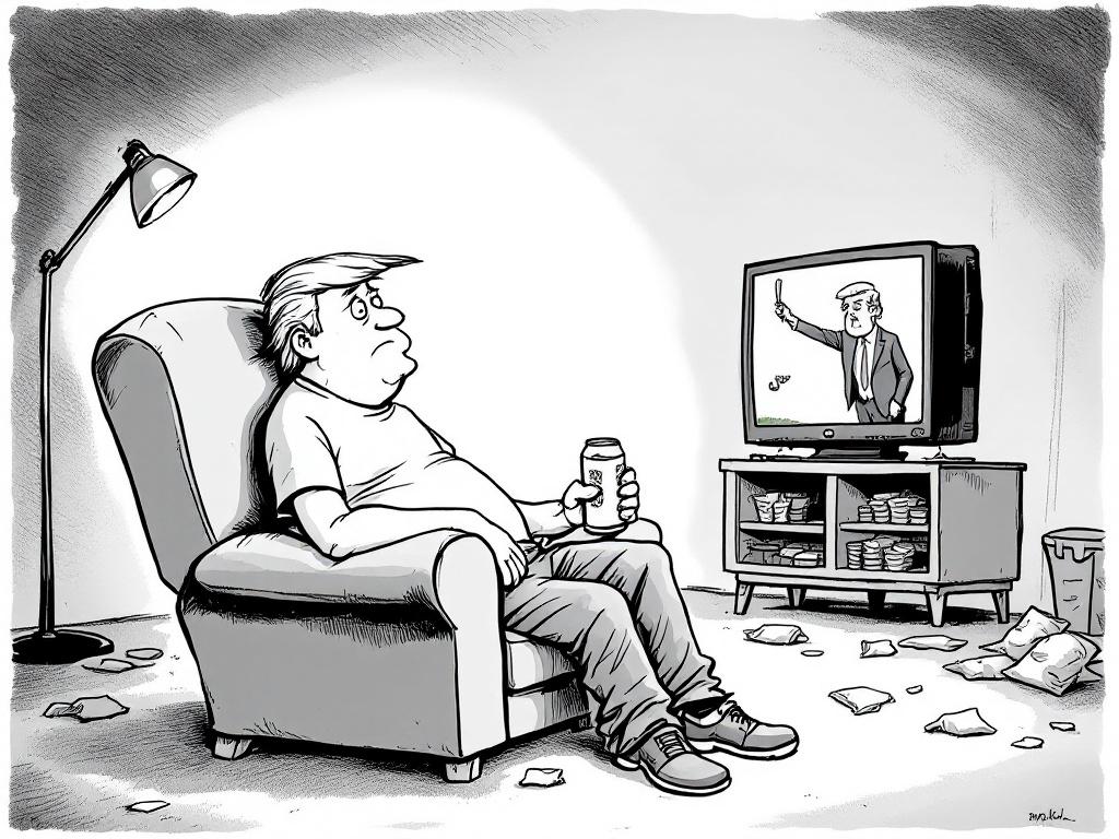 Black and white cartoon drawing depicting a man slouched in an armchair. He watches TV with a bored expression. TV shows Donald Trump playing golf. Man holds a beer can and has hand in pants. Background has messy living room with empty chip bags and crooked floor lamp. TV casts light on face. Bold black lines and simple style.