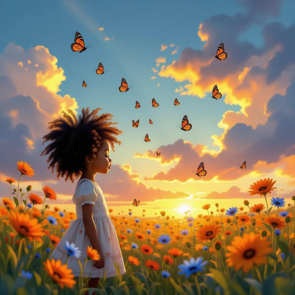 A young girl stands in a field. The field is filled with orange and blue flowers. Numerous monarch butterflies fly around her. The sky is dramatic during sunset. Warm orange blends with cool blue clouds. The scene feels whimsical and magical.