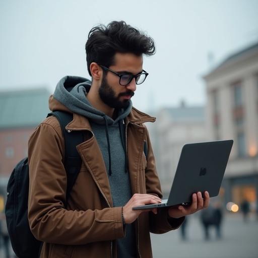 University student from MENA in UK city holding high tech laptop outdoors. Urban backdrop with soft lighting. Casual attire with a backpack. Engaged in work on laptop.