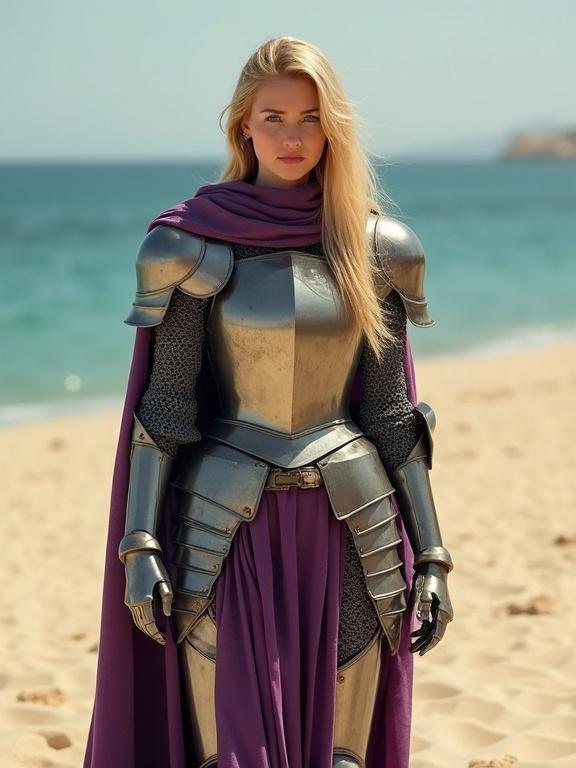 Young medieval woman in a full set of armor. She stands on a warm Mediterranean beach. The armor includes chainmail and plate armor. Long blonde hair flows beneath a purple cloak. Body is fully covered in armor. The waist features layers of purple fabric flowing down. Shoes are armored and touch the sand. Image captured with a realistic style.