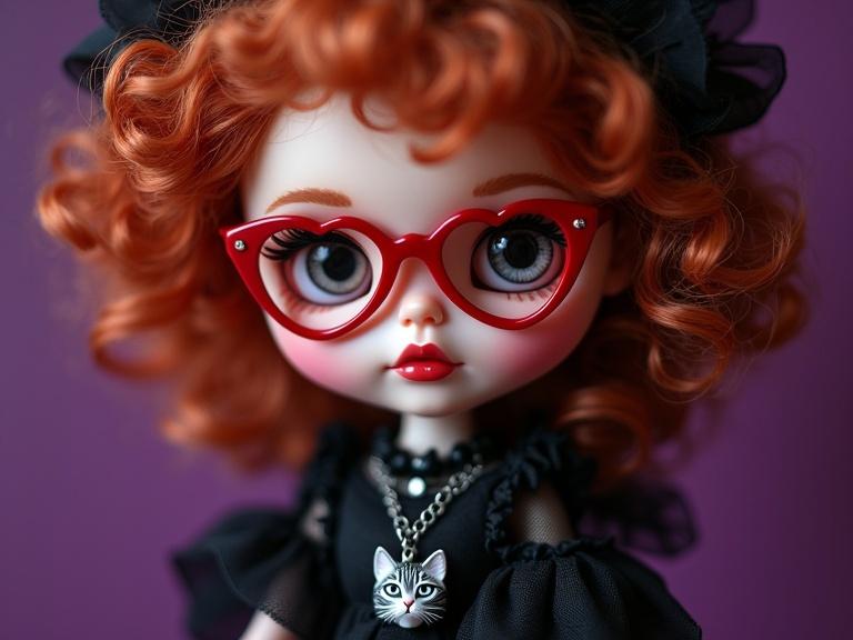 Close-up portrait of a Blythe doll in glam goth style. Doll has pale skin. Doll has red lips. Doll has curly reddish-brown hair. Doll has red heart glasses. Doll has a cat pendant. Background is deep purple.