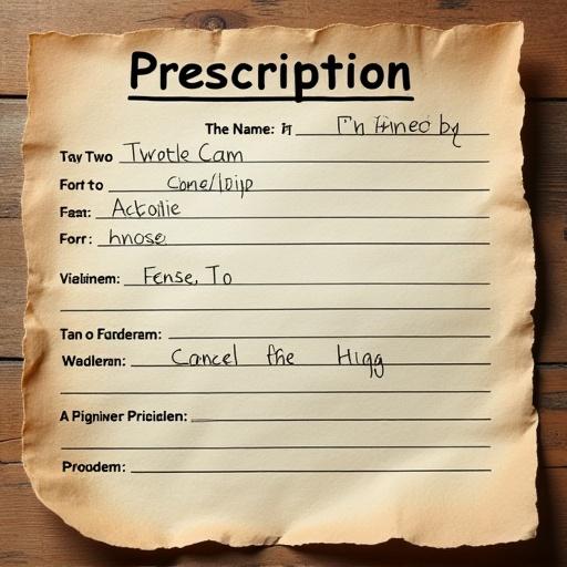 Create an image of a fictional prescription document. The paper appears aged and wrinkled. A wooden table serves as the backdrop. Text reads prescription for humorous intent. Indicates two to three orgasms per hour. Handwritten elements mixed with printed looks.