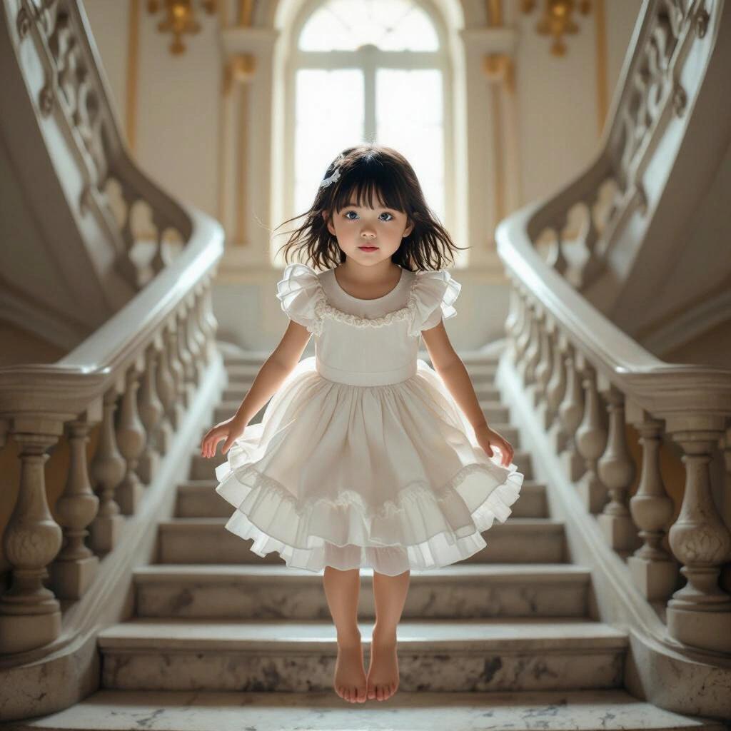 Young girl floats above a stone staircase inside a mansion. She has bright blue eyes and is wearing a frilly white dress. The architecture is ornate and elegant.