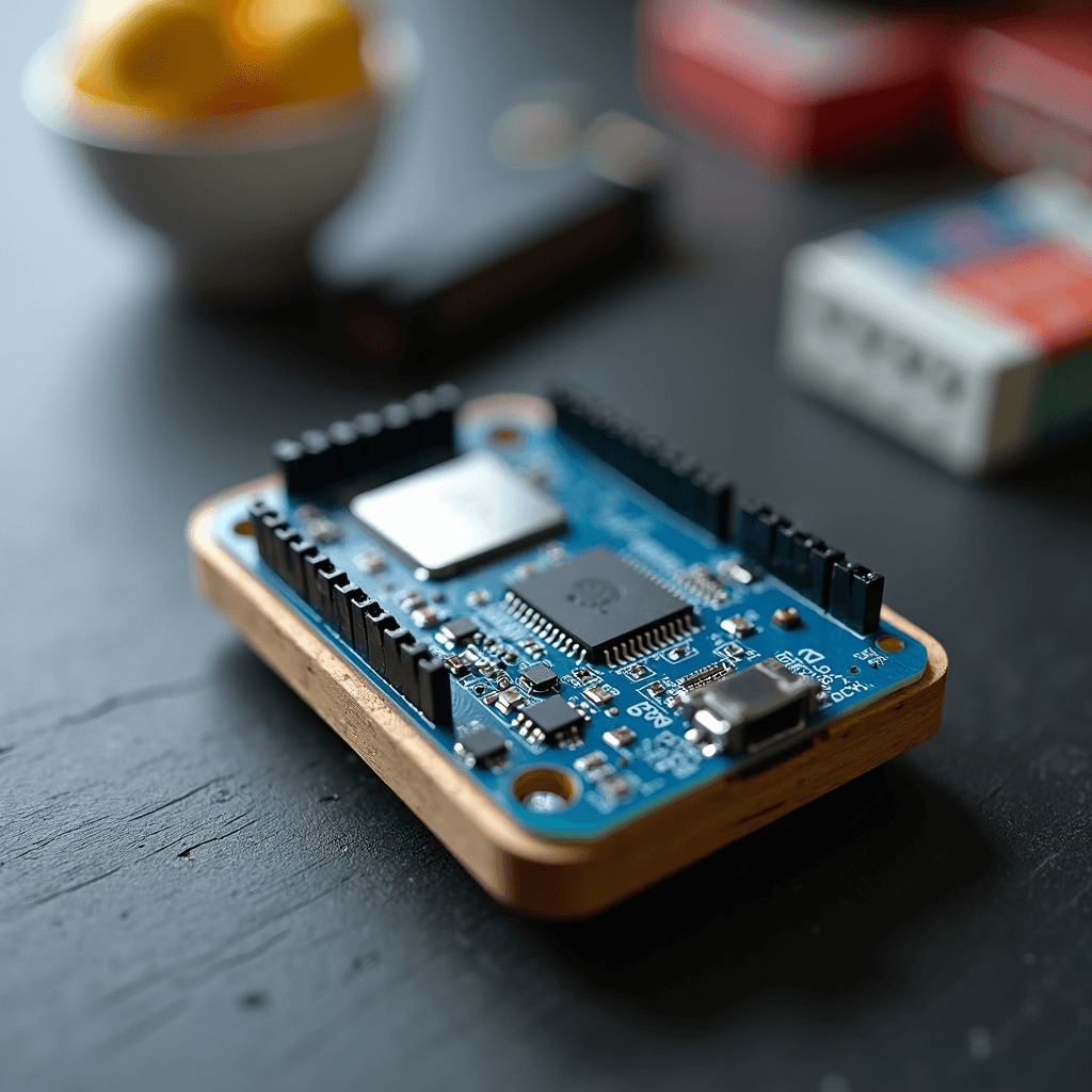 A close-up of a microcontroller board on a wooden surface with blurred background objects.