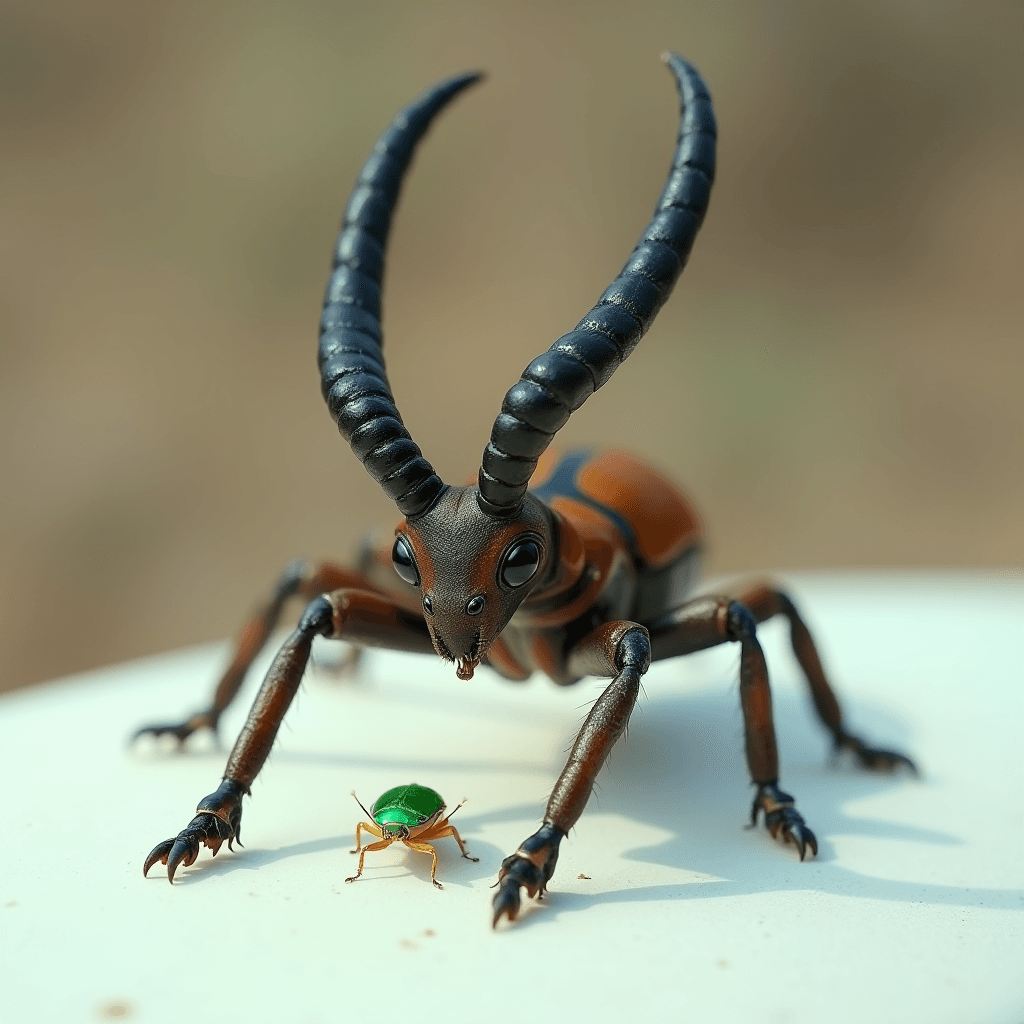 A large insect with antelope-like horns faces a small green beetle.