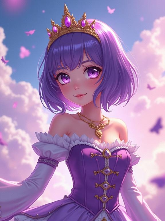 Portrait of a manga-style princess with short hair and glasses. Slim figure in a lilac dress representing air and happiness. Background is fantastic with clouds and butterflies.