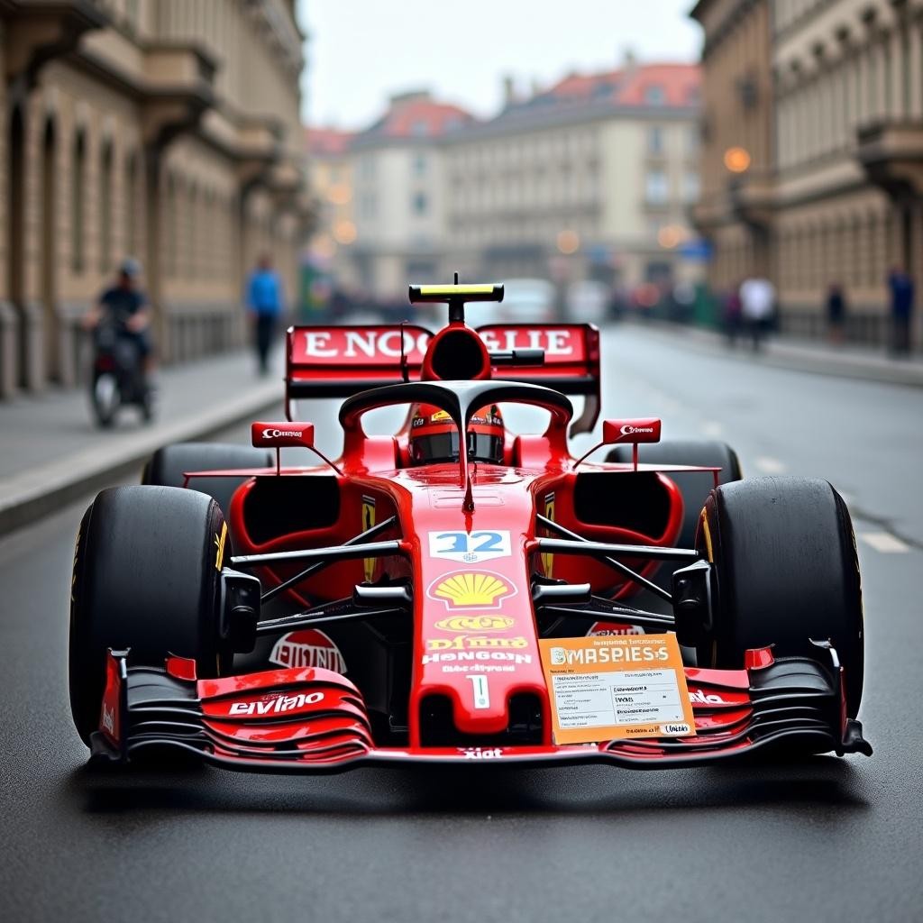 A Formula 1 race car parked on an empty street in Budapest. A ticket for the Budapest race event is displayed on the car.