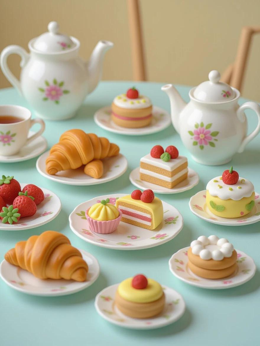 Charming collection of miniature food items made from colorful playdough. Arranged for a tiny tea party. Includes hand-rolled croissants and small cakes. Fruits have natural irregularities. The scene features soft warm lighting on a child's play table.