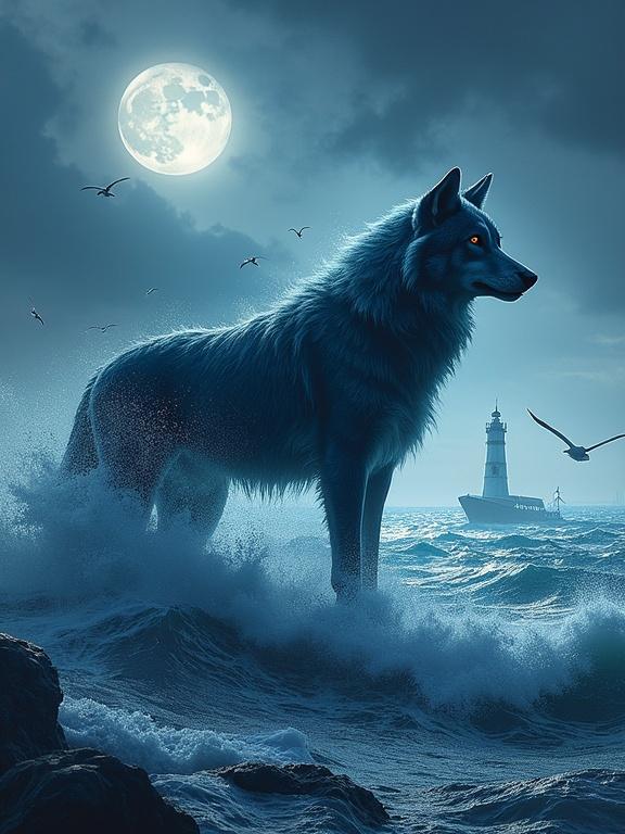 Majestic silhouette of a wolf composed of stormy ocean waves. White foam defines contours. Lighthouse projects light through the storm. Boats navigate through waves. Seagulls fly overhead. Full moon shines above, reflecting on water creating a path of silvery light.