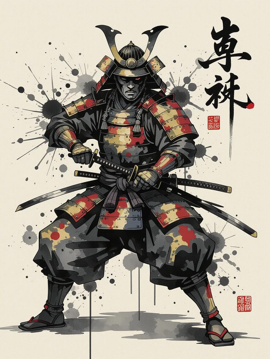 Ancient samurai warrior depicted with aggressive ink splatters and drips. Martial arts energy is conveyed through explosive ink techniques. Warrior ethos shown through controlled ink chaos. Japanese bushido spirit expressed in fluid ink medium. Modern interpretation of martial arts. A masterpiece of abstract warrior art. Cultural honor reflected through ink expression.