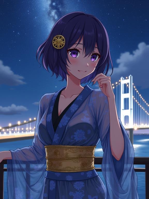 Anime-style woman with short dark violet hair and dark violet eyes. She has a pleasant smile. Wears a sheer kimono-style robe with a blue floral pattern and a golden obi. Her inner dress is black. Right hand touches her cheek. Left arm rests on a surface. Looking to her right. Background has a nighttime seaside scene with a white bridge and Milky Way.