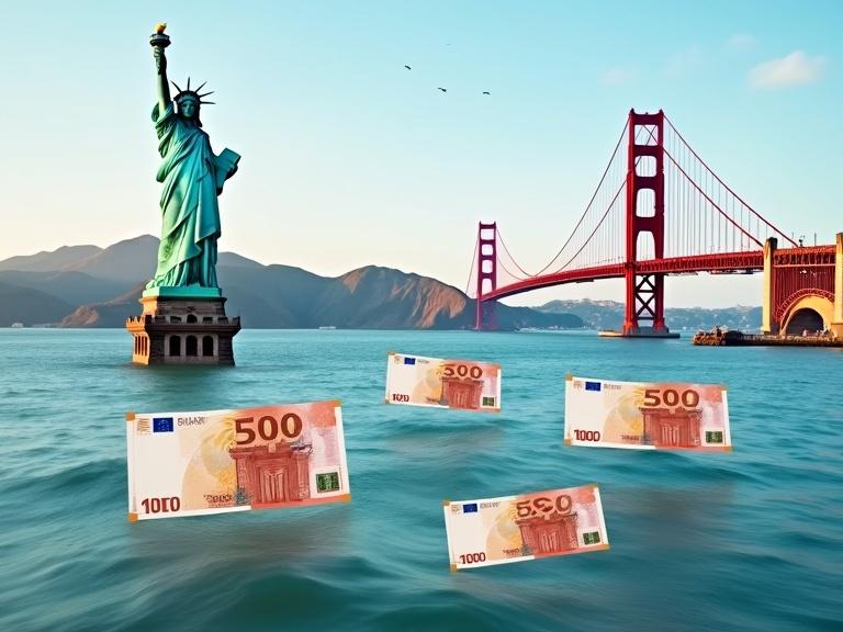 Collage featuring Statue of Liberty and Golden Gate Bridge. Four 100 euro banknotes floating in the sea.