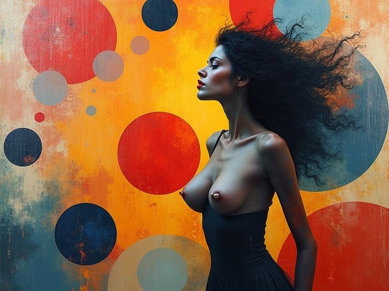 Abstract representation of euphoria. Symbolic and chaotic expression. Blending geometric circles and squares. Foggy textures. Female nude curves highlighted in vivid colors.