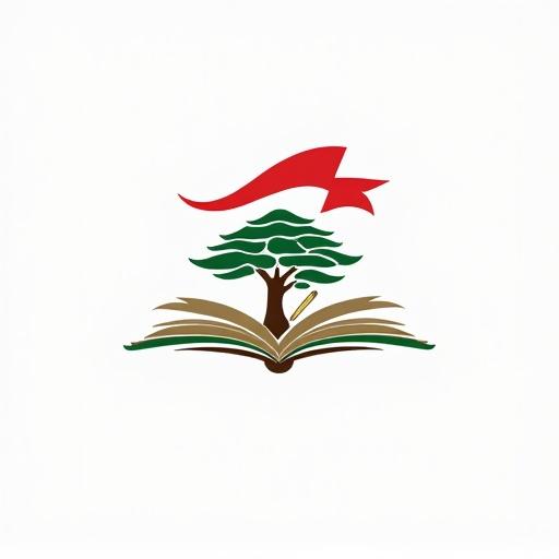 Logo for Maarakah 2025 Municipal Elections. Contains Lebanese flag at the top, olive tree beneath, pen leaning against tree, open book at the base. Features the phrase 'Maarakah 2025' in modern bold font. Colors are bright red, white, green for the flag, olive green and brown for the tree, deep blue or gray for the pen and book, light earth tones or white for background.