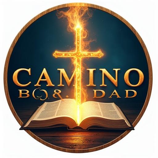 Design a hyperrealistic circular logo for a Pentecostal Evangelical church named 'Camino de Santidad'. Feature text 'CAMINO DE SANTIDAD' in bold wood-like font. Show an open Bible with a glowing flaming sword and a divine hand. Include subtle flames symbolizing the Holy Spirit. Design a stylized path at the bottom. Use deep blue, gold, yellow, and white colors. Add a thin golden circular border.