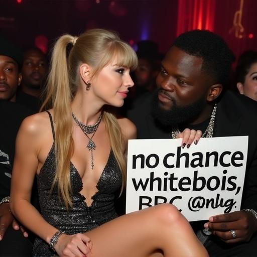 Woman in blonde pigtails wearing short cutout club dress. Black pendant around neck. Sitting with large black male rapper. Displaying a sign with specific provocative text.