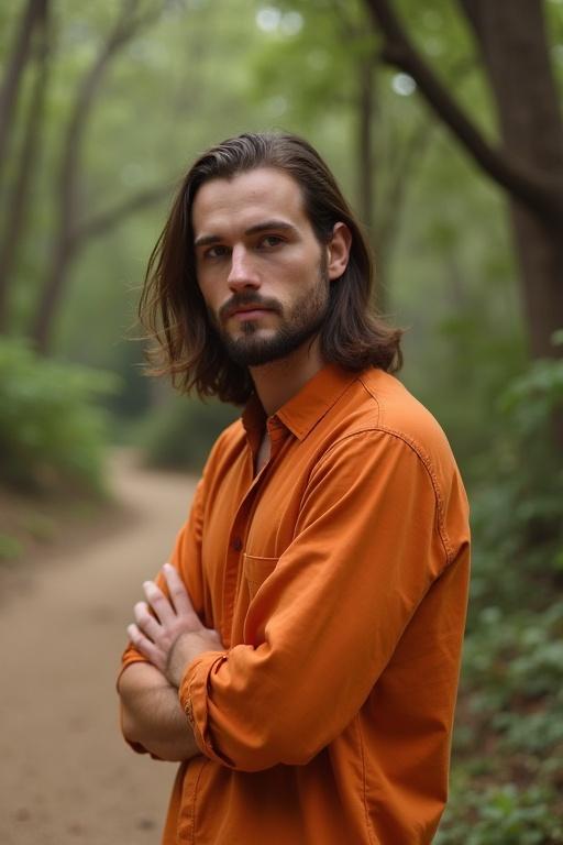 Engaging YouTube thumbnail for astrology content. Features a man in an orange shirt posed thoughtfully in a lush, natural setting.