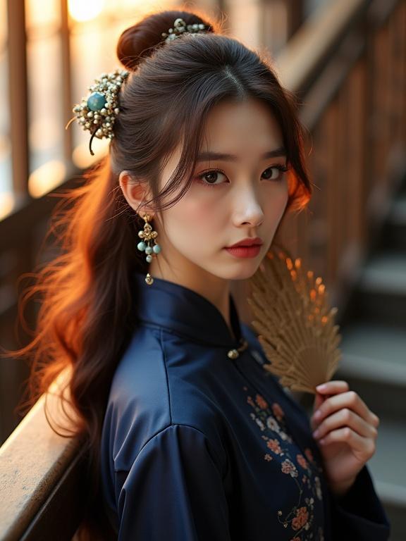 Ju Jing cosplay with brown long hair styled in big waves. Set in the Chengdu Taikoo Li spiral staircase. Dressed in a navy blue improved cheongsam, leaning against the railing. Featuring knee-high boots. Holding a carved fan that partially covers the face. Jade hairpin and earrings contrast with the hair. Upshot angle accentuates architectural depth. Warm orange sunset casts on satin fabric. Techniques from fashion magazine covers applied. Emotional expression, blur effects, clear facial details, overexposed ambiance, dark tones, and soft side light create a dynamic scene. Fluffy, messy hair and intricate makeup enhance visual appeal against textured backgrounds. A masterpiece capturing surrealistic aesthetics in 32K HD quality.