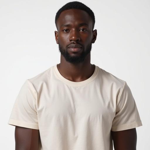 Portrait of a Black male wearing a plain T-shirt. Full frontal view with no body or head rotation. Neutral expression and natural skin texture. Well-lit with sharp details and simple background. High resolution.