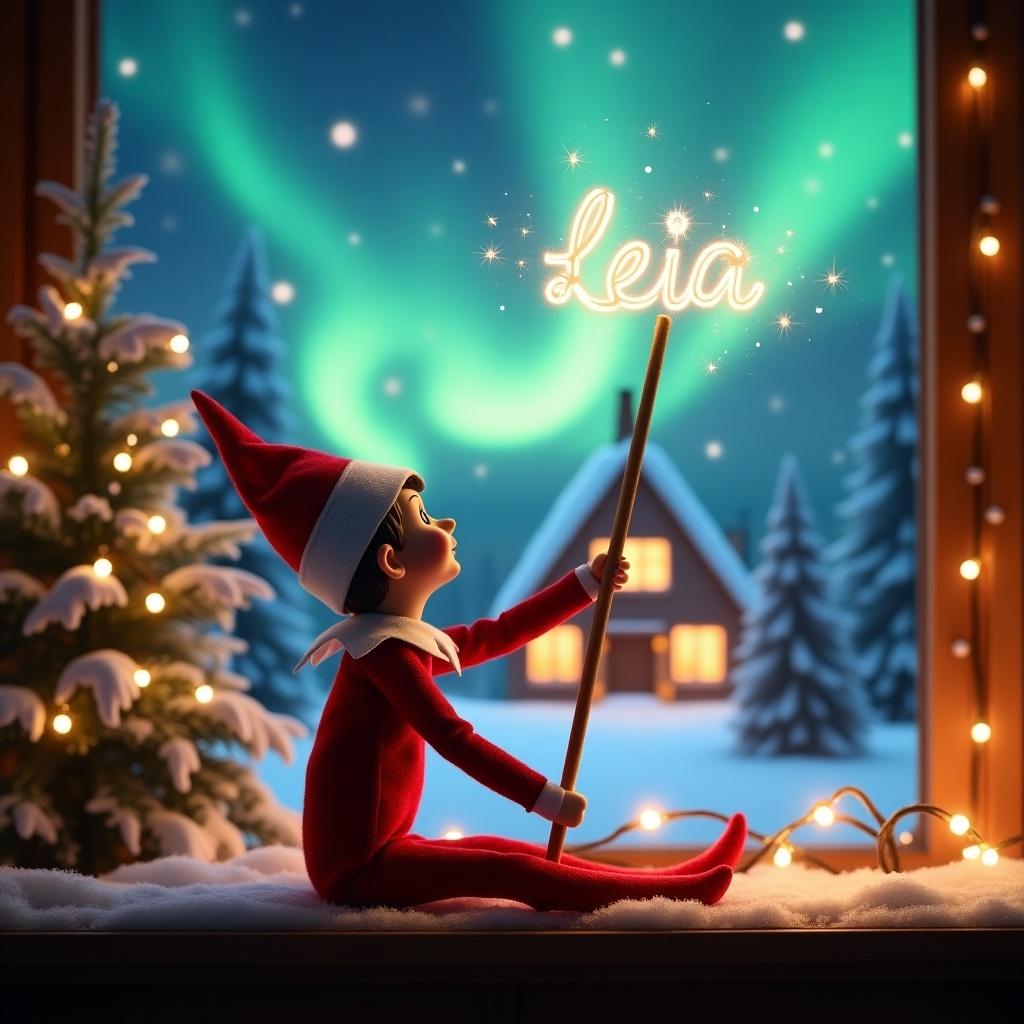 Elf on the shelf sits with its back to the viewer while gazing skyward. It holds a glowing wand that emits sparkling light. The background showcases a charming Christmas scene with colorful northern lights. A cozy house is visible in the distance, decorated for the holidays. Snow covers the ground, enhancing the winter atmosphere. The elf appears playful, embodying the magic and wonder of Christmas. The name ‘Leia’ is created in the air using the wand, adding holiday cheer.