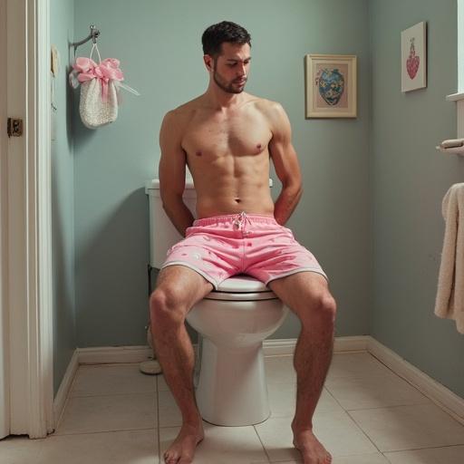 Man wearing pink heart pattern shorts sitting on toilet with a surprised expression in a bright room with playful decor. The scene implies a humorous launch into outer space.