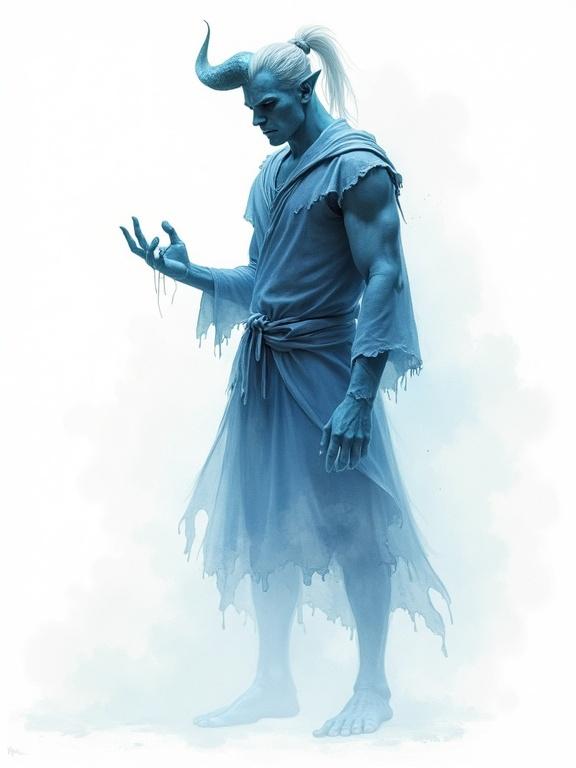 Expressive watercolor ink wash artwork depicting a male tiefling ghost. The character features a spectral semi-transparent body that fades into mist. He emits a soft glowing blue light. The horns are semi-transparent and blend into the mist. White hair is in a high ponytail and also fades into mist. The legs and robe made of spectral mist are ghostly and intangible. The artwork utilizes a soft focus with minimal surface definition against a white background.