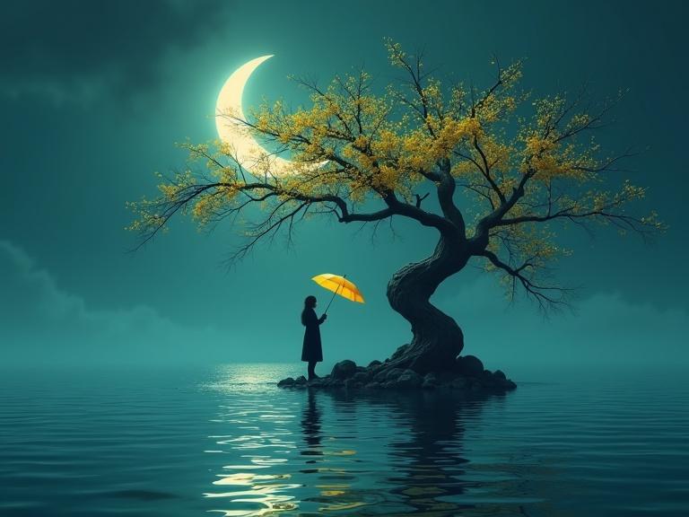 Surreal scene with a figure holding a yellow umbrella in water under a crescent moon. Twisted tree with golden blossoms on a small island. Dreamlike atmosphere with soft teal and blue tones. Cinematic lighting highlighting reflections and shadows.