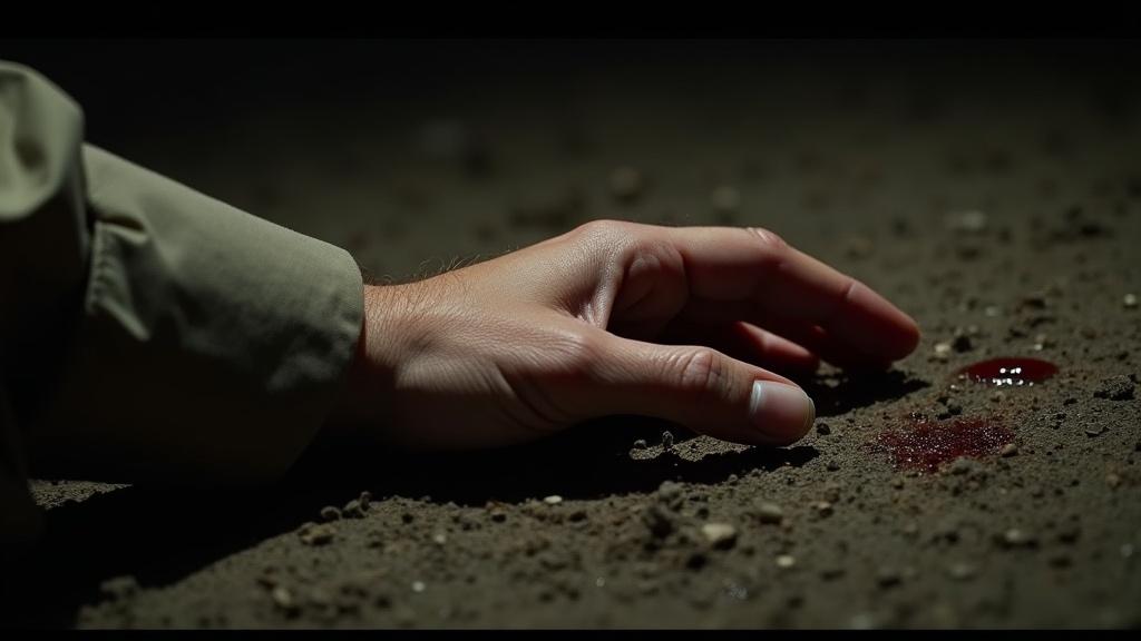 A close-up of a sheriff’s lifeless hand lying in the dirt, illuminated by faint moonlight. The hand is reaching out as if in a moment of desperation. Beside it, a single streak of blood trails through the sandy ground. The surrounding dirt is scattered with pebbles, adding texture to the scene. This haunting image evokes a sense of mystery and suspense, hinting at a dramatic event that has just occurred.