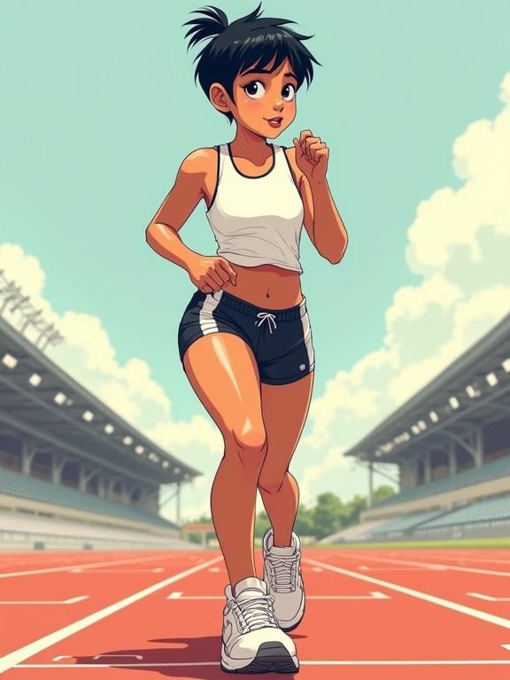 Full body portrait of a teenage girl in athletic outfit running on track. She has tanned skin and short black messy pixie hair. Wears oversized sneakers. Background shows a running track.