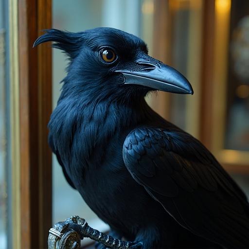Curator's hand gloved. Dusting clockwork raven. Blue hour glow from vitrine. Brass feathers shining. Close-up of the raven's profile.