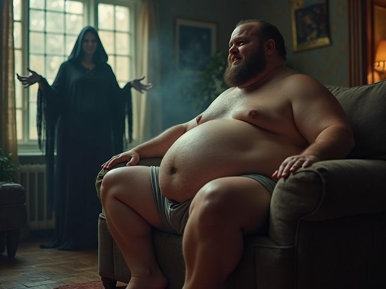 Photo realistic image of a young obese man sitting on a sofa in a creepy living room. Hands on belly. A witch in the background smirking with hands outstretched. Magic flows from her hands around the man's belly. Dim lighting creates an eerie atmosphere.